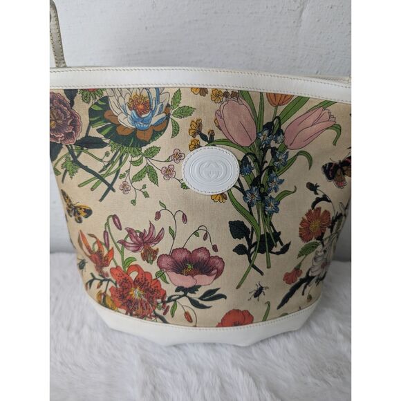 Vintage GUCCI Flora Shoulder Bag Floral‎ CanvasWhite  Leather 70's - 80's - Picture 2 of 14